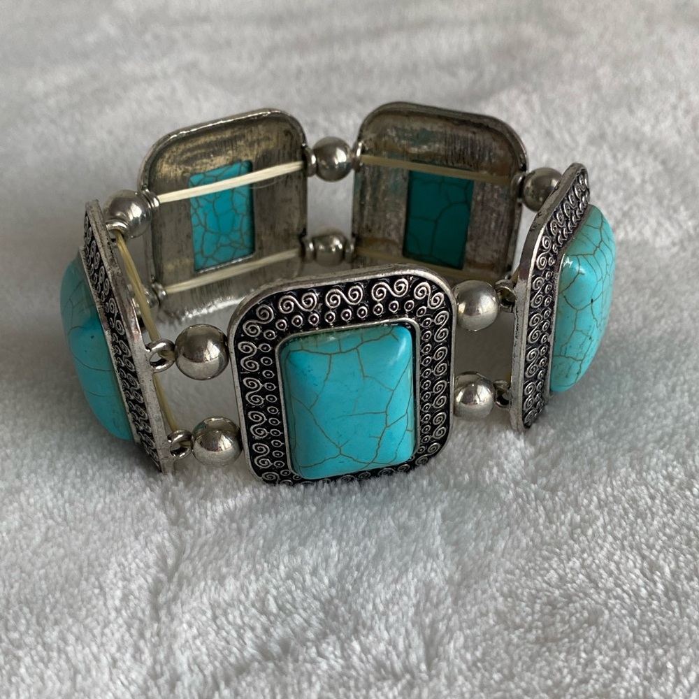 Turquoise Silver Large Square Stretch Bracelet Southwest Western